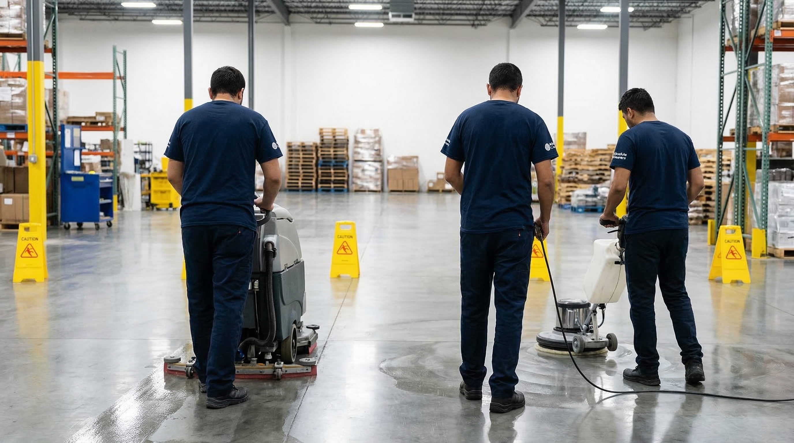 Worker using commercial floor scrubbing and waxing machine on polished floor